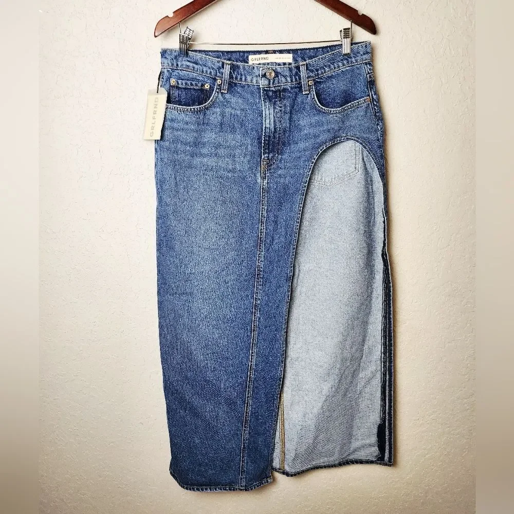 GRLFRND The Blanca Maxi Skirt W/High Slit Denim Jean Skirt Crissy Field Size 29
